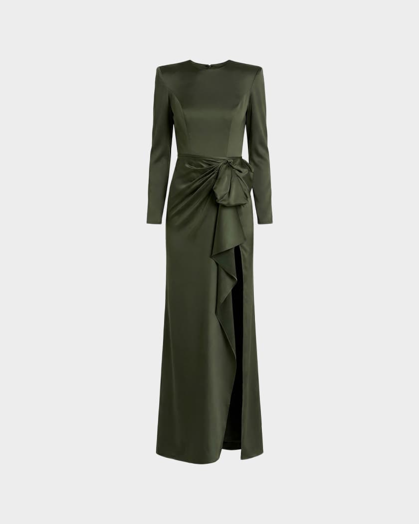 mac duggal olive green dress Dark Green Sleeveless Open Back Satin Gown