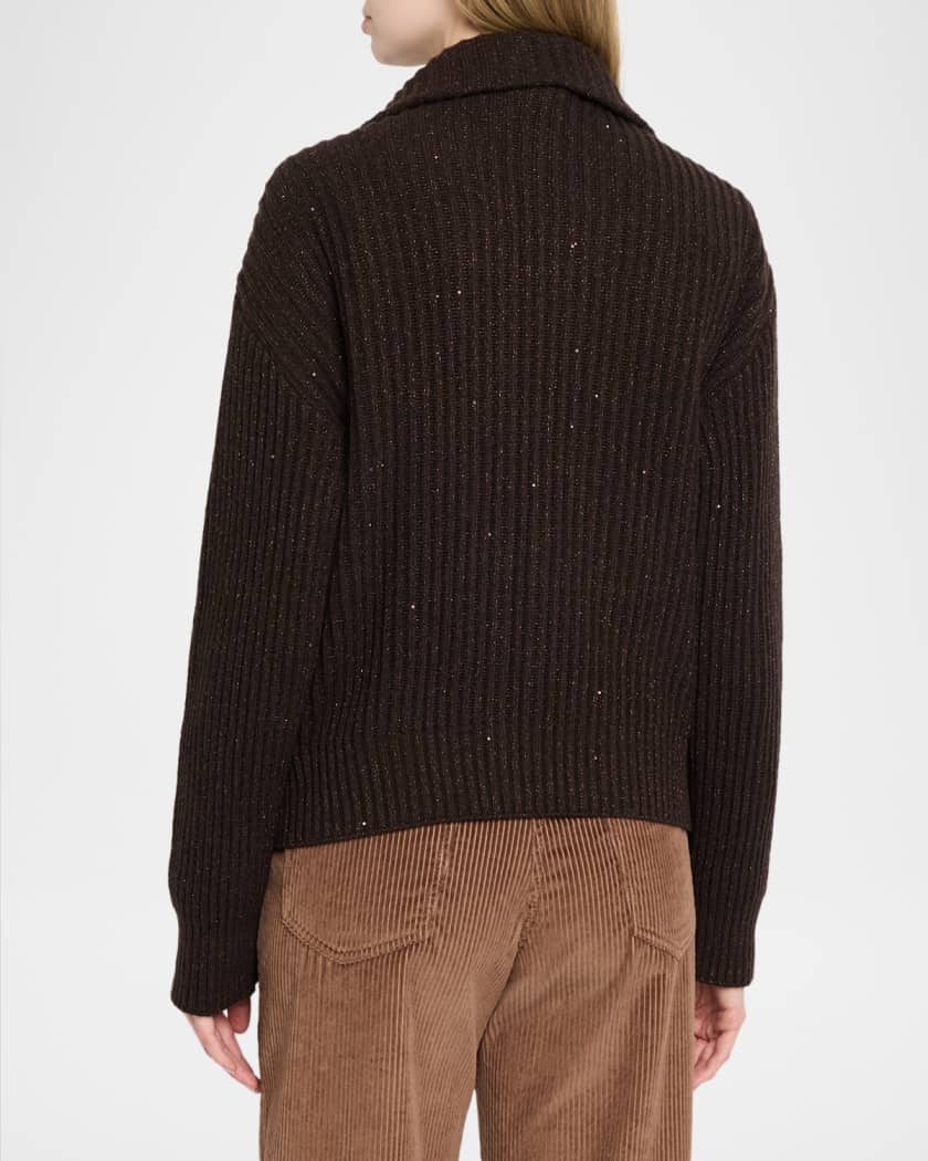 Brunello Cucinelli Shimmering Cashmere-Wool Rib Zip Cardigan