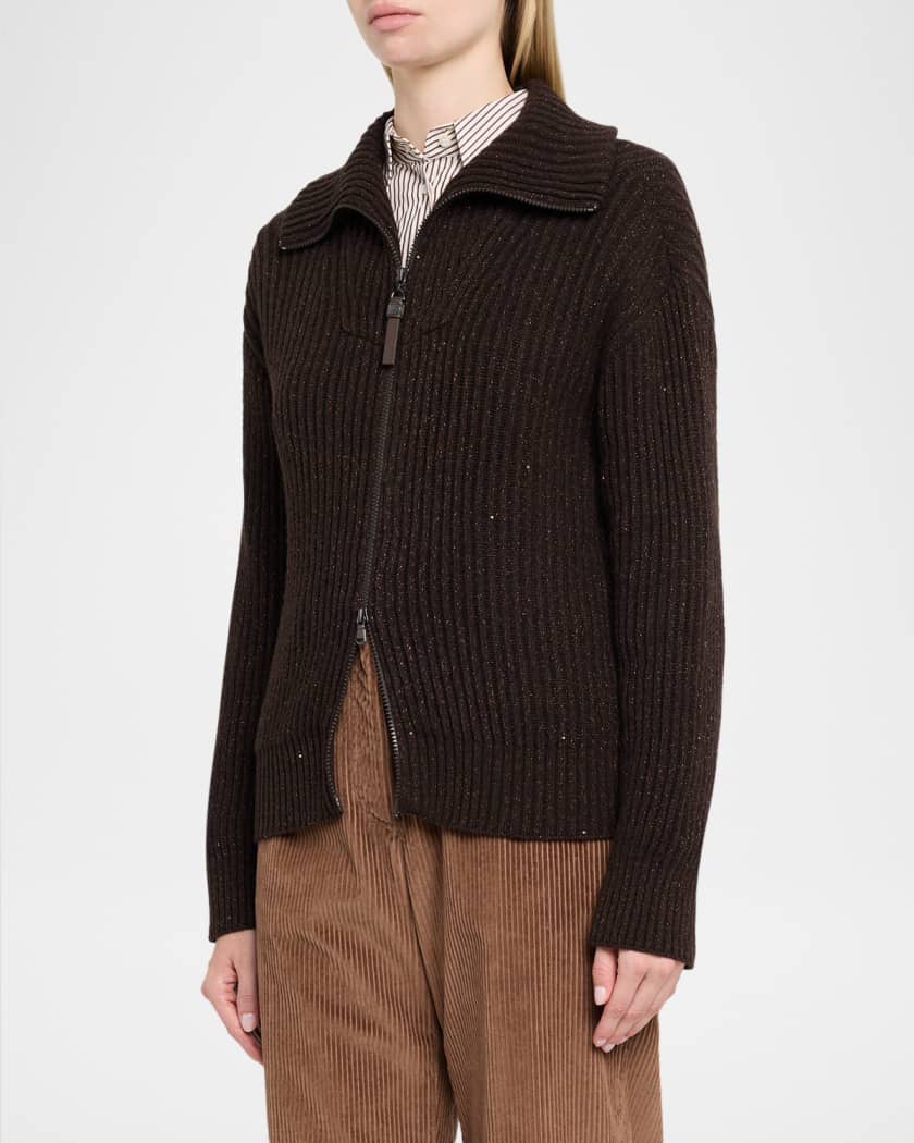 Brunello Cucinelli Shimmering Cashmere-Wool Rib Zip Cardigan