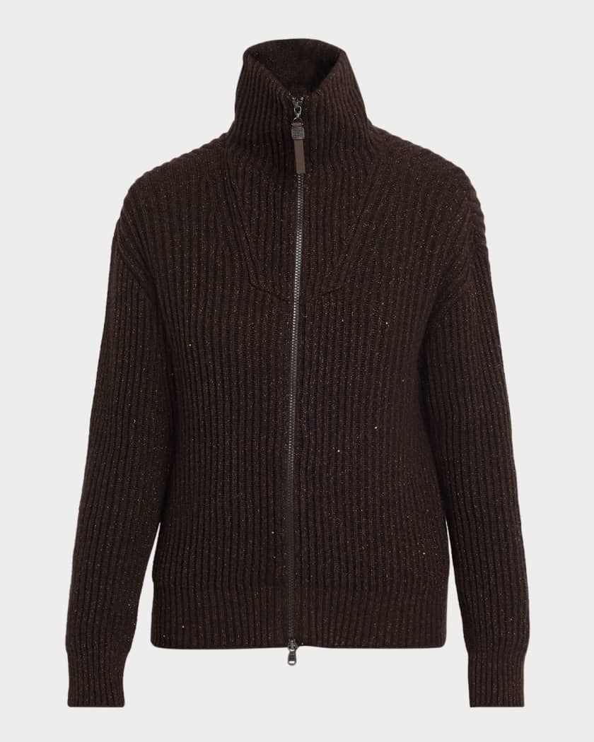 Brunello Cucinelli Shimmering Cashmere-Wool Rib Zip Cardigan