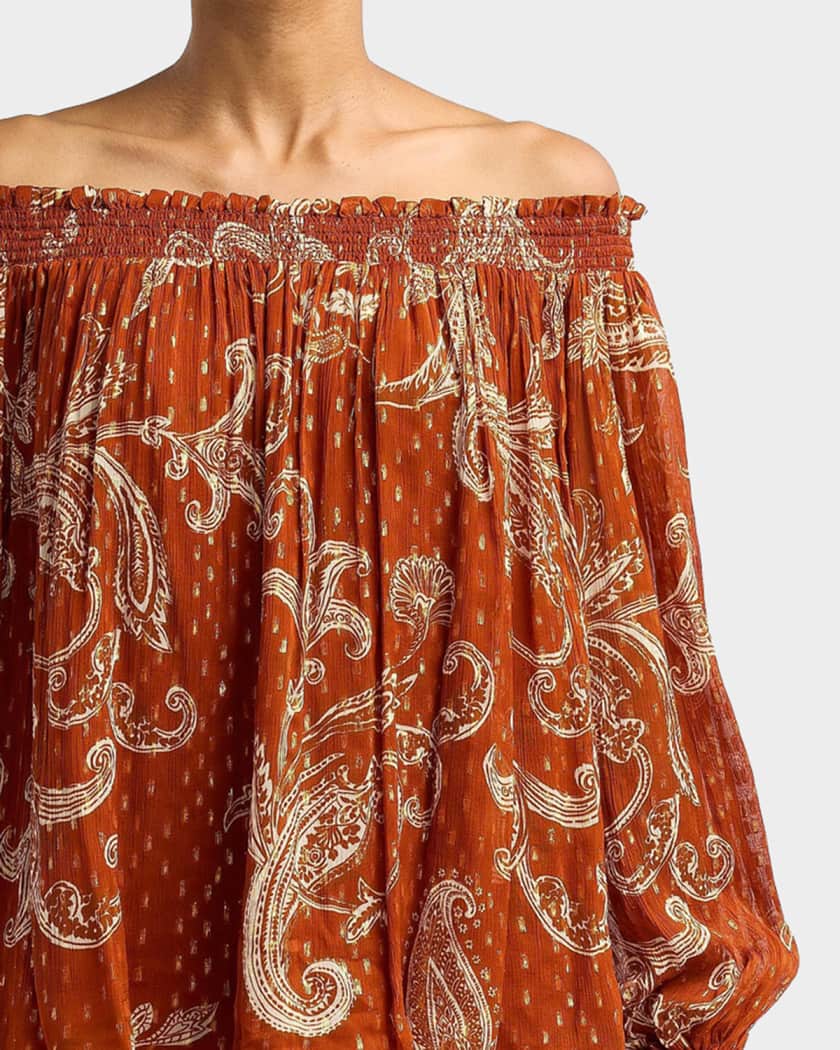Hemant & Nandita Ruza Paisley Smocked Off-the-Shoulder Top