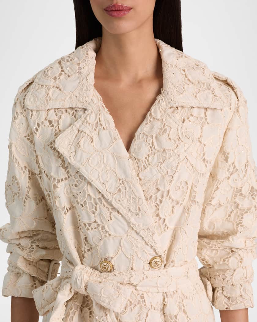 ALICE + OLIVIA Keith Eyelet Midi Trench Coat | Neiman Marcus