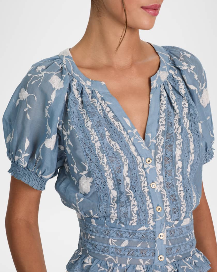 ALICE + OLIVIA Kathryn Embroidered Short-Sleeve Blouse | Neiman Marcus