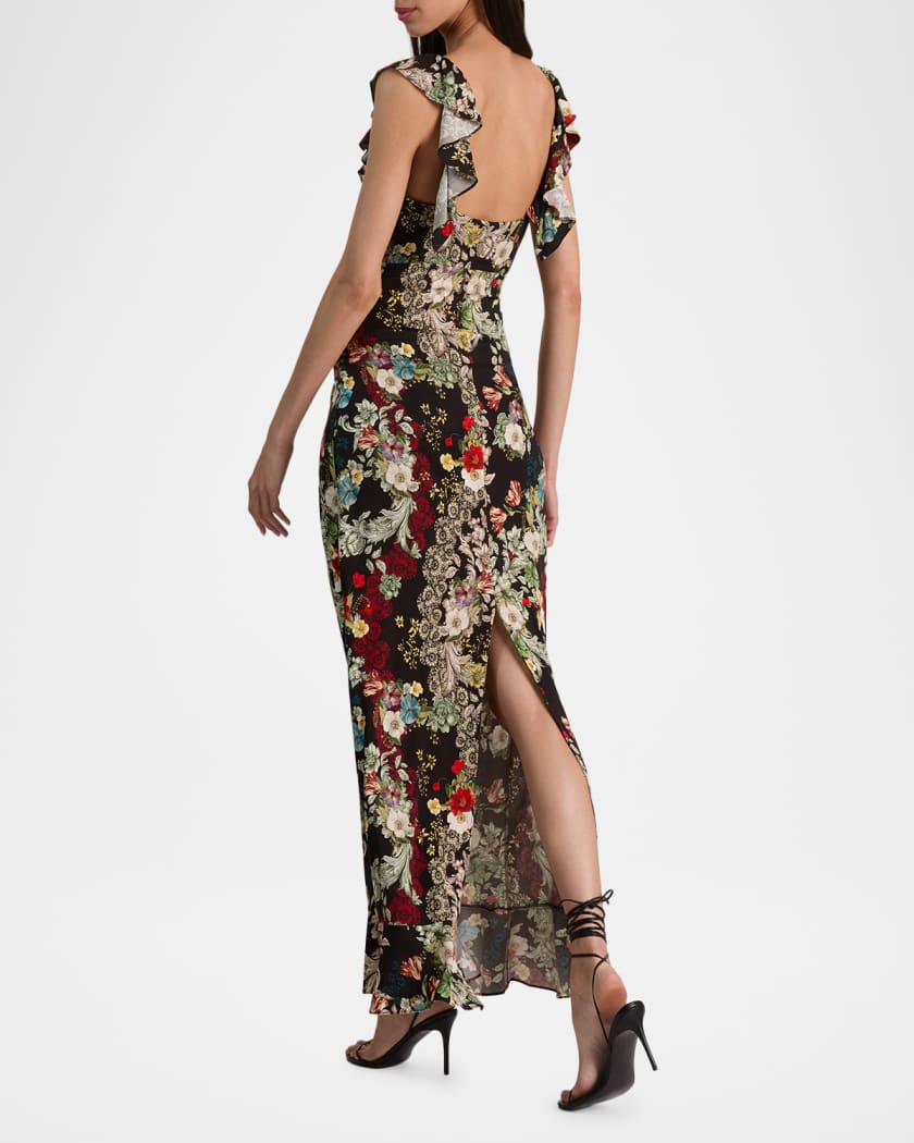 ALICE + OLIVIA Gemma Floral Ruffle-Trim Maxi Dress | Neiman Marcus
