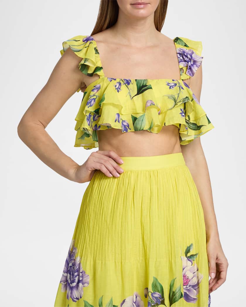 hemant and nandita シェル付きtops Hemant & Nandita Ruffled Floral Linen-Blend Top | Neiman Marcus