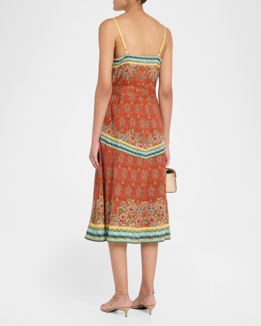 Elie Tahari The Brooks Lace-Trim Floral Midi Dress | Neiman Marcus