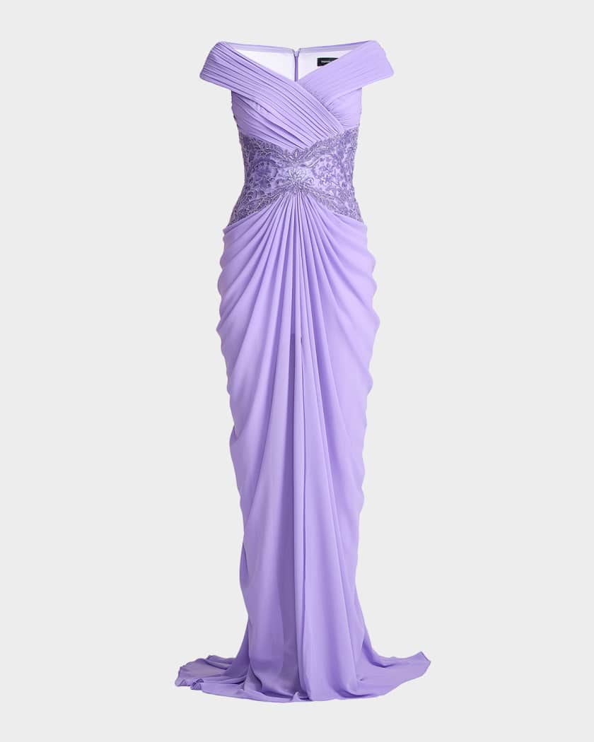 Tadashi Shoji Draped Off-Shoulder Georgette Gown | Neiman Marcus