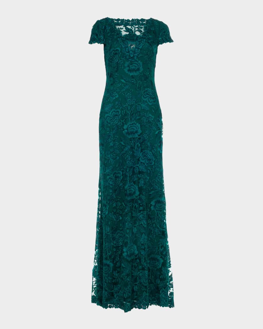 Tadashi Shoji Short-Sleeve Embroidered Tulle Column Gown | Neiman