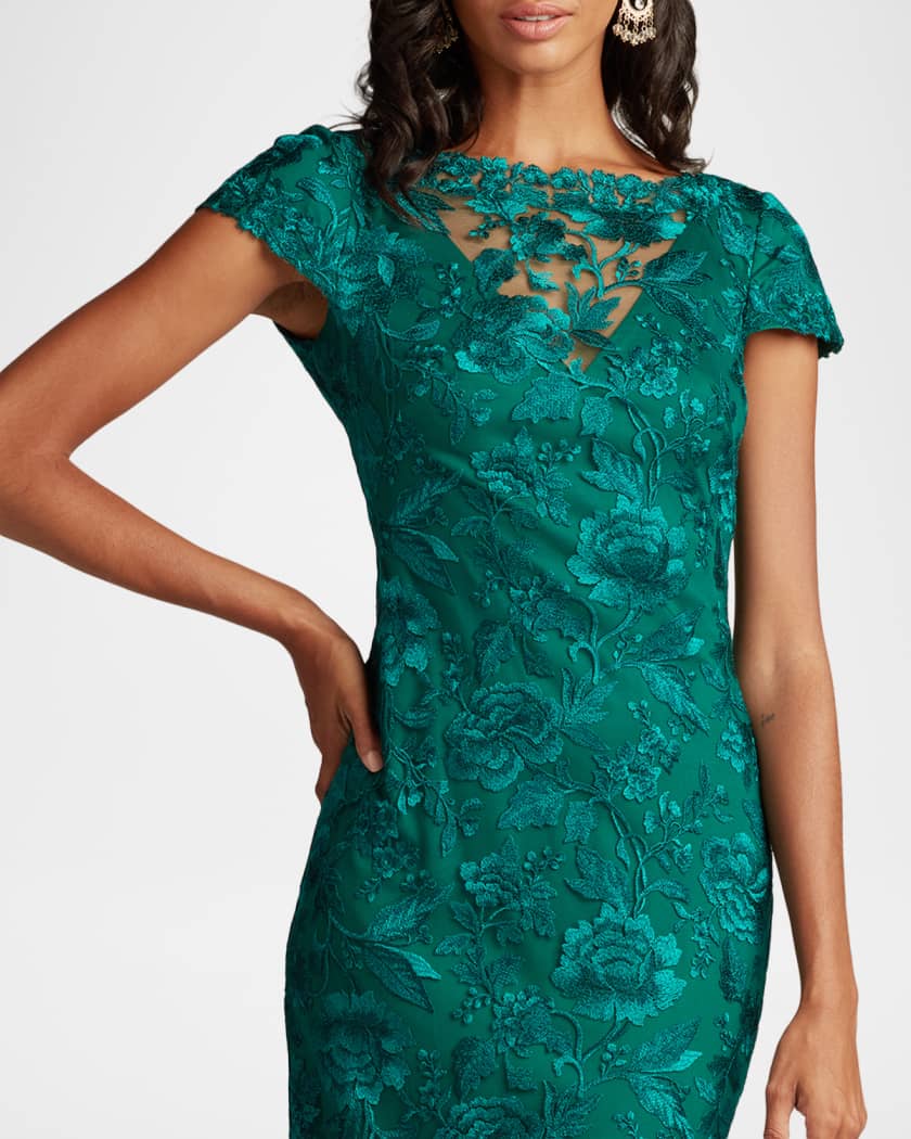 Tadashi Shoji Short-Sleeve Embroidered Tulle Column Gown | Neiman