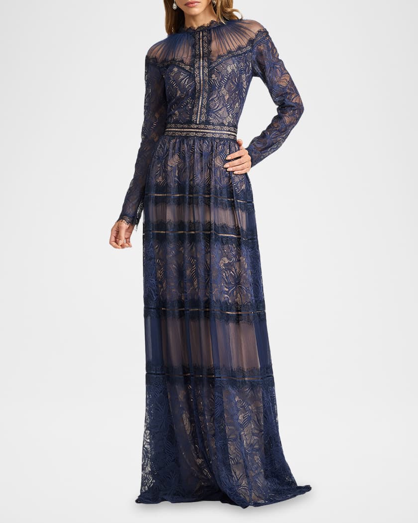 Tadashi Shoji Debore Orchid Illusion Long-Sleeve Gown | Neiman Marcus