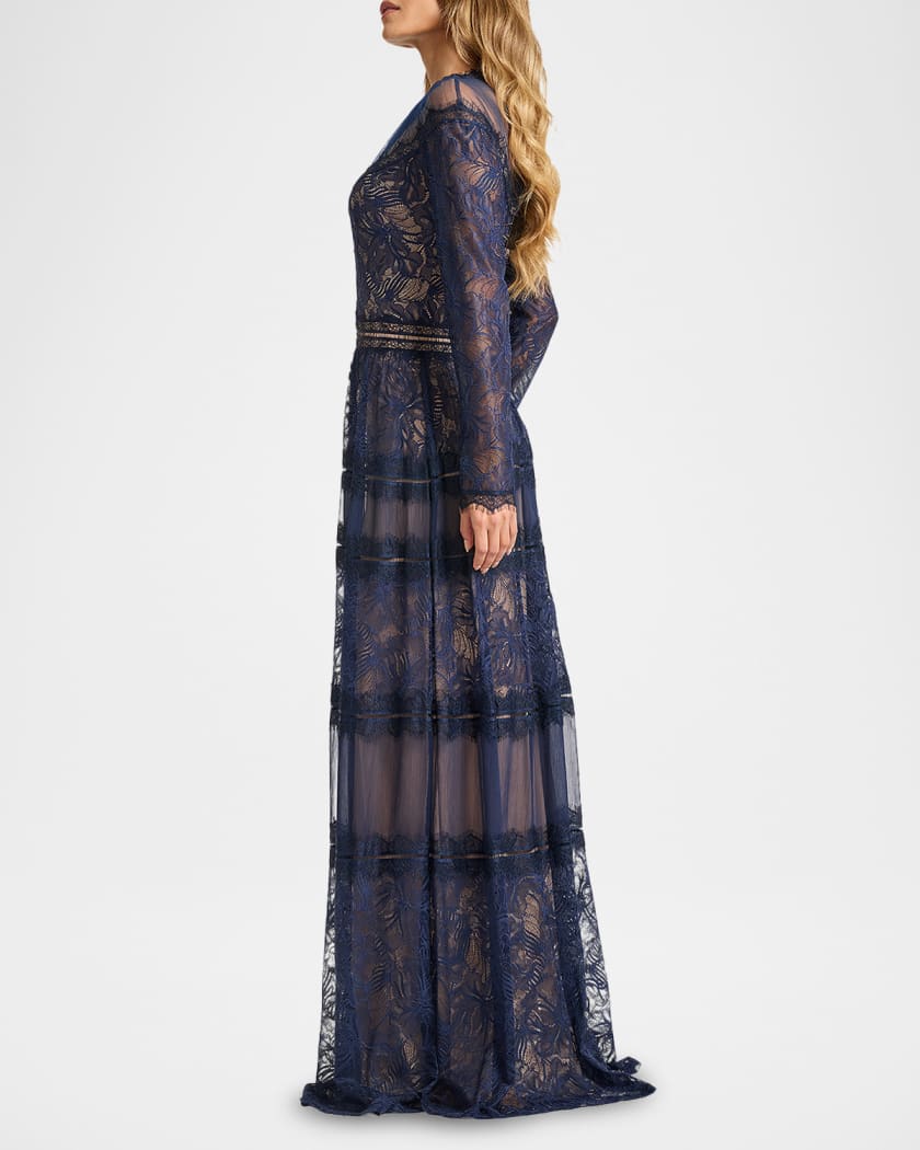 Tadashi Shoji Debore Orchid Illusion Long-Sleeve Gown | Neiman Marcus