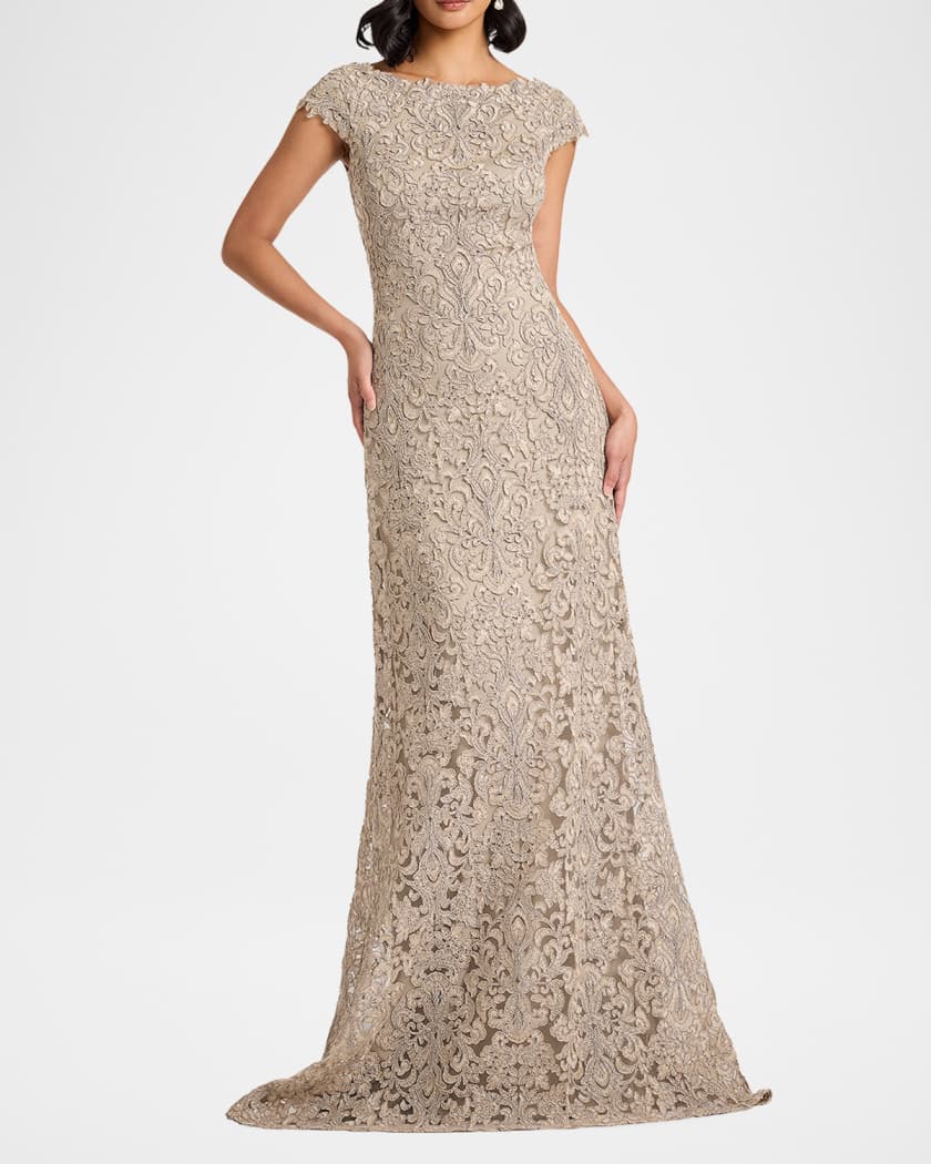 Tadashi Shoji Hoyt Embroidered Cap-Sleeve Gown | Neiman Marcus