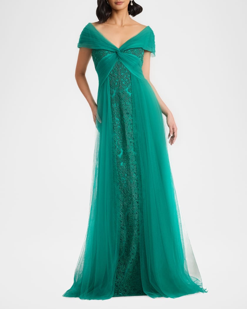 Tadashi Shoji Parello Embroidered Off-Shoulder Tulle Gown | Neiman