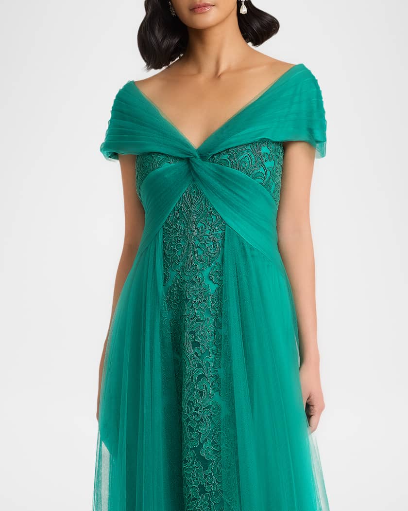 Tadashi Shoji Parello Embroidered Off-Shoulder Tulle Gown | Neiman