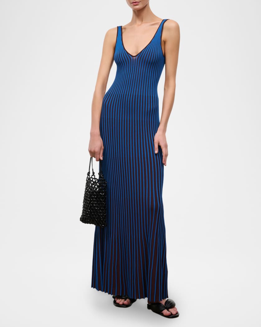 staud claretta rib knit maxi dress STAUD Claretta Backless Pleated Rib-Knit Dress