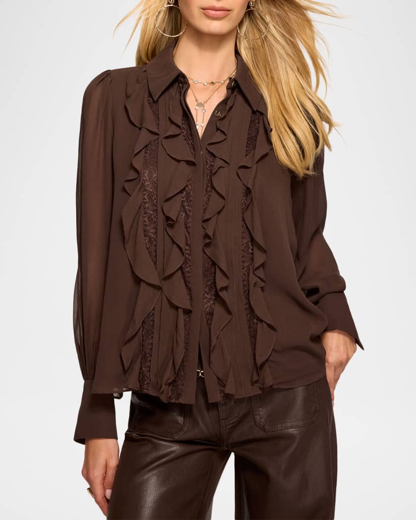 Ramy Brook Claire Ruffle Blouson-Sleeve Silk Blouse | Neiman Marcus