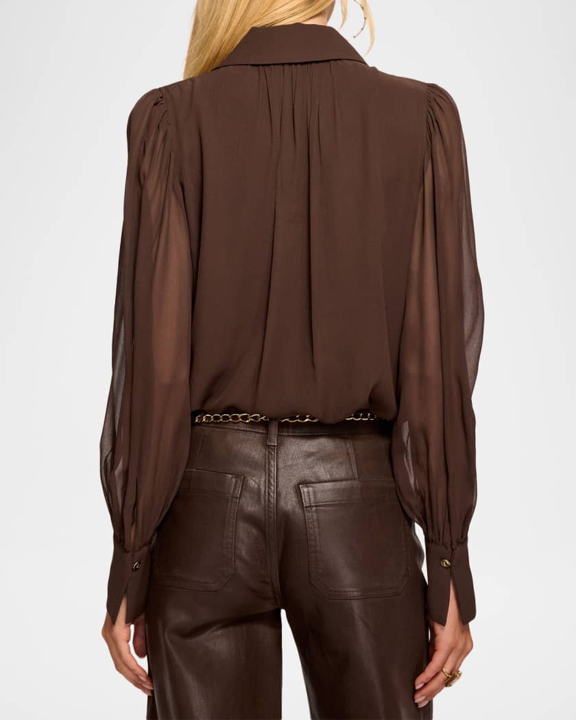 Ramy Brook Claire Ruffle Blouson-Sleeve Silk Blouse | Neiman Marcus
