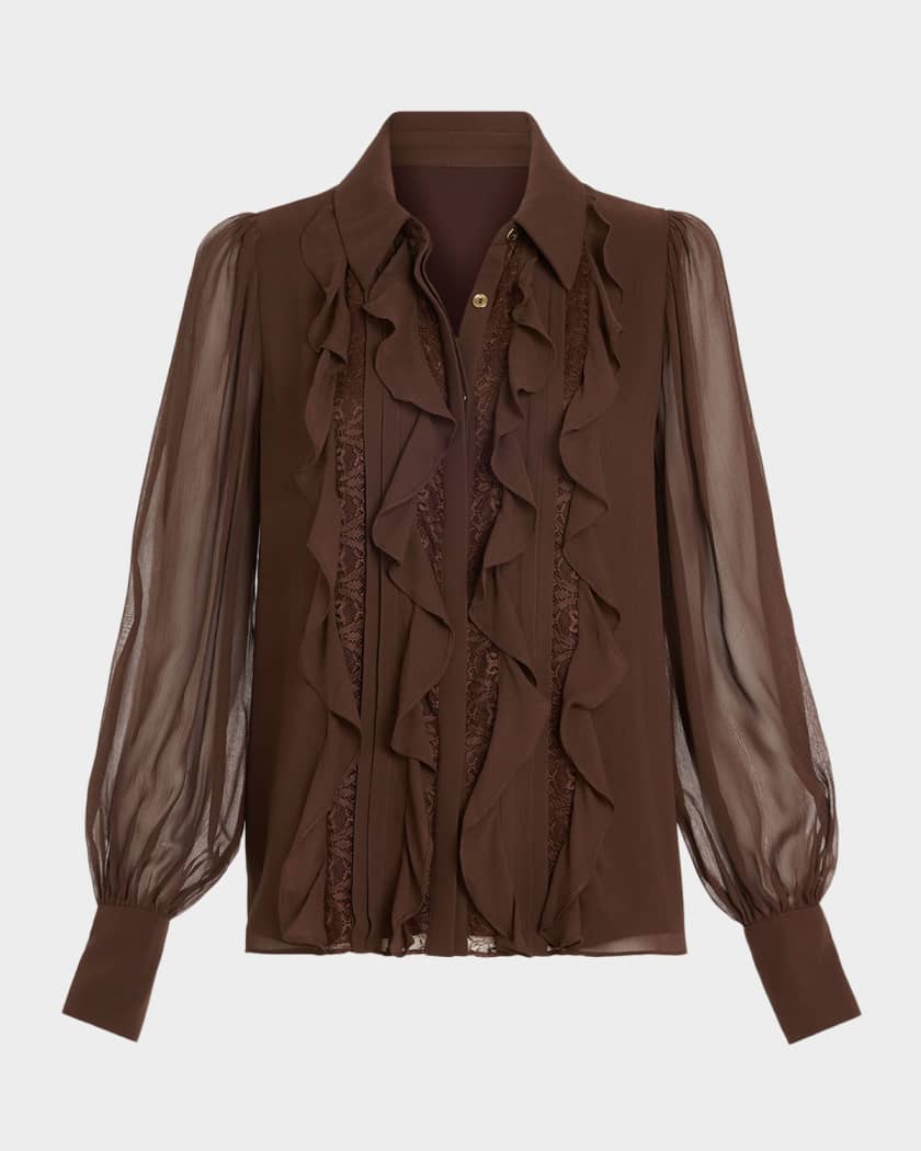Ramy Brook Claire Ruffle Blouson-Sleeve Silk Blouse | Neiman Marcus