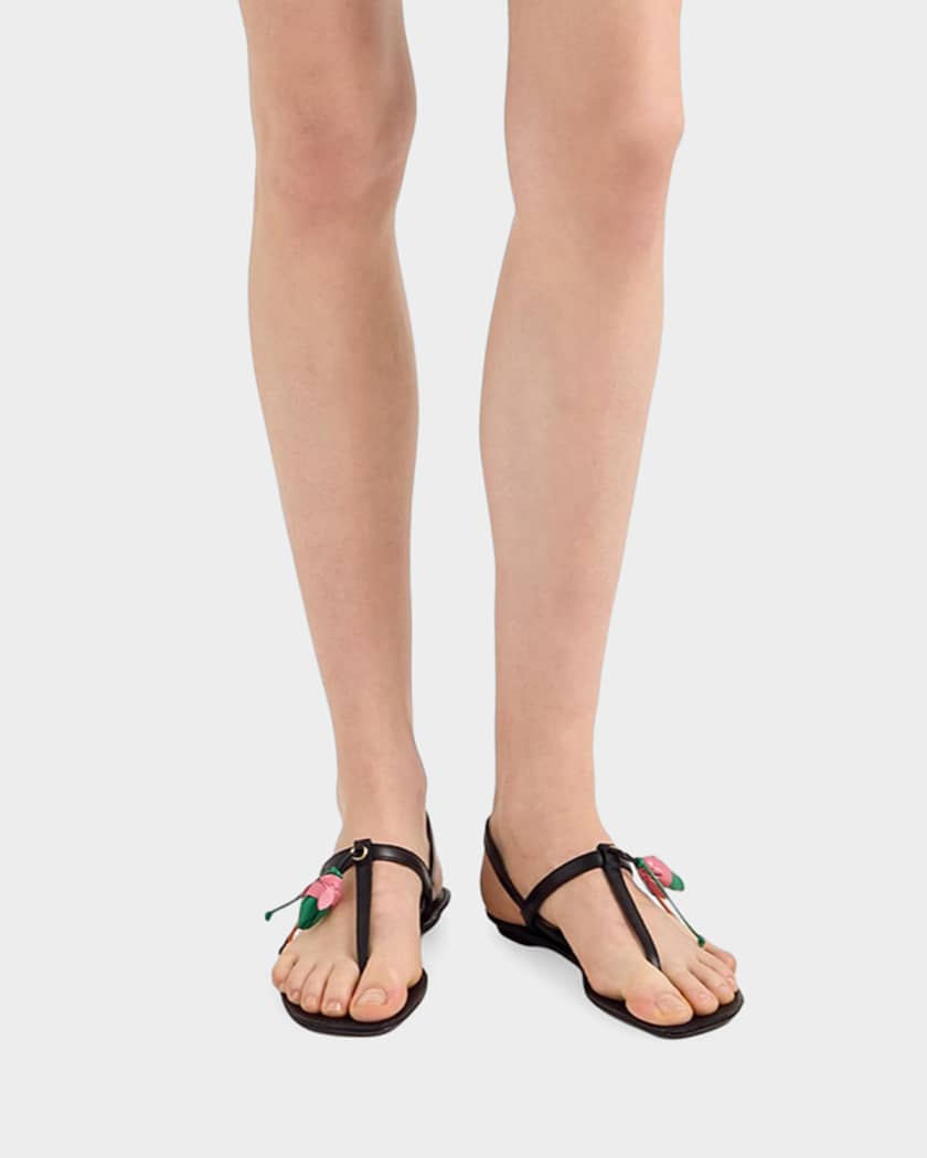 prada ミュール Prada Antiqued Leather Thong Sandals with Floral Ornament | Neiman
