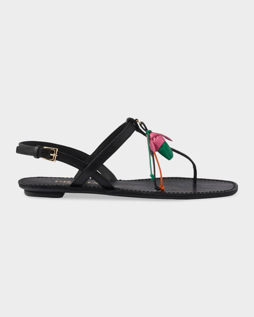 prada ミュール Prada Antiqued Leather Thong Sandals with Floral Ornament | Neiman