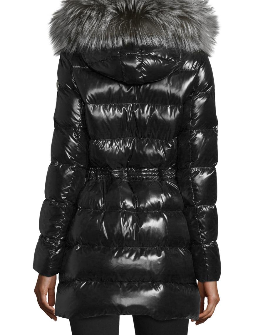 Moncler Aphrotiti Shiny Quilted Down Coat w/Fur Hood | Neiman Marcus