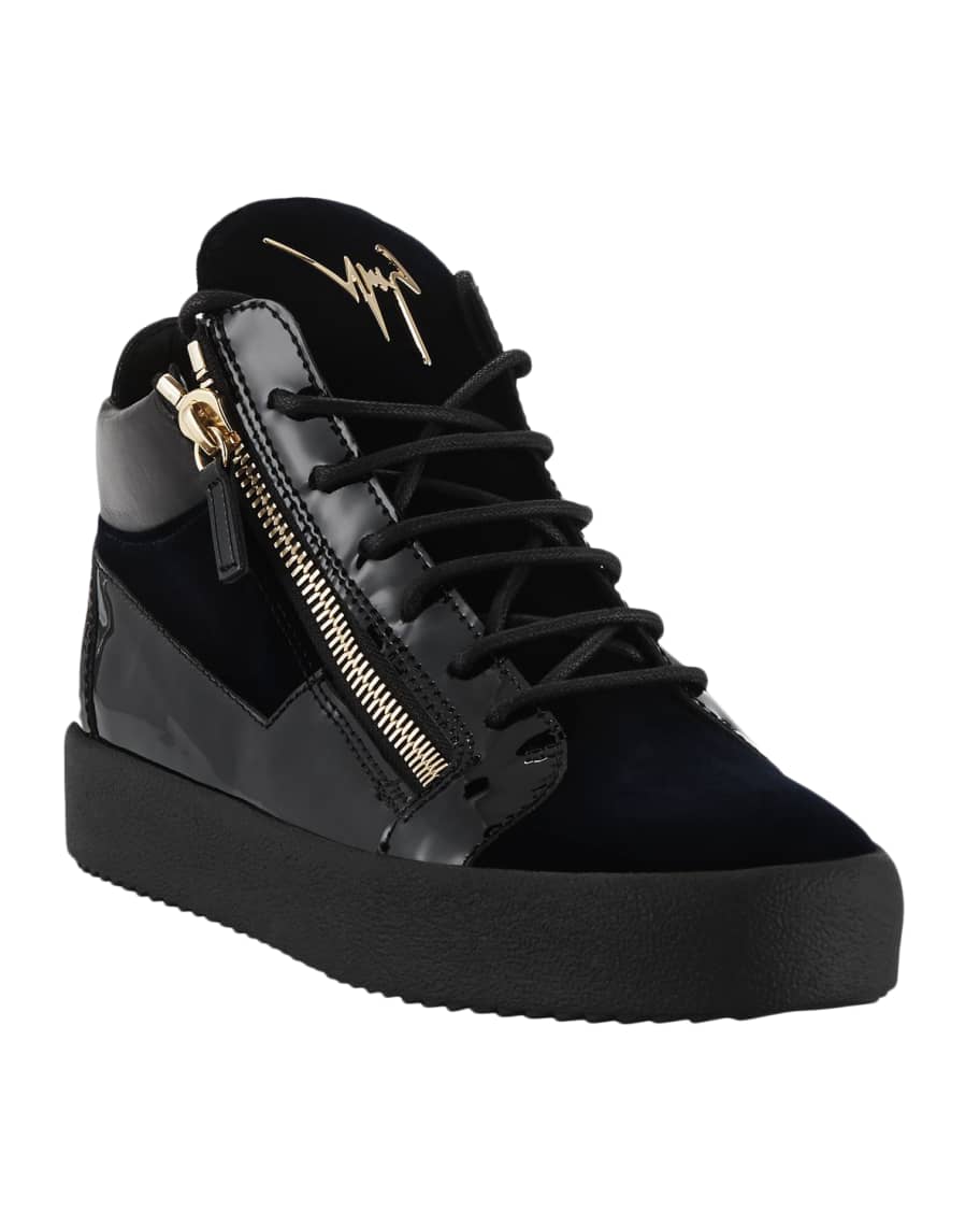 Giuseppe Zanotti Men's Velvet Patent Leather Mid-Top Sneakers | Neiman ...