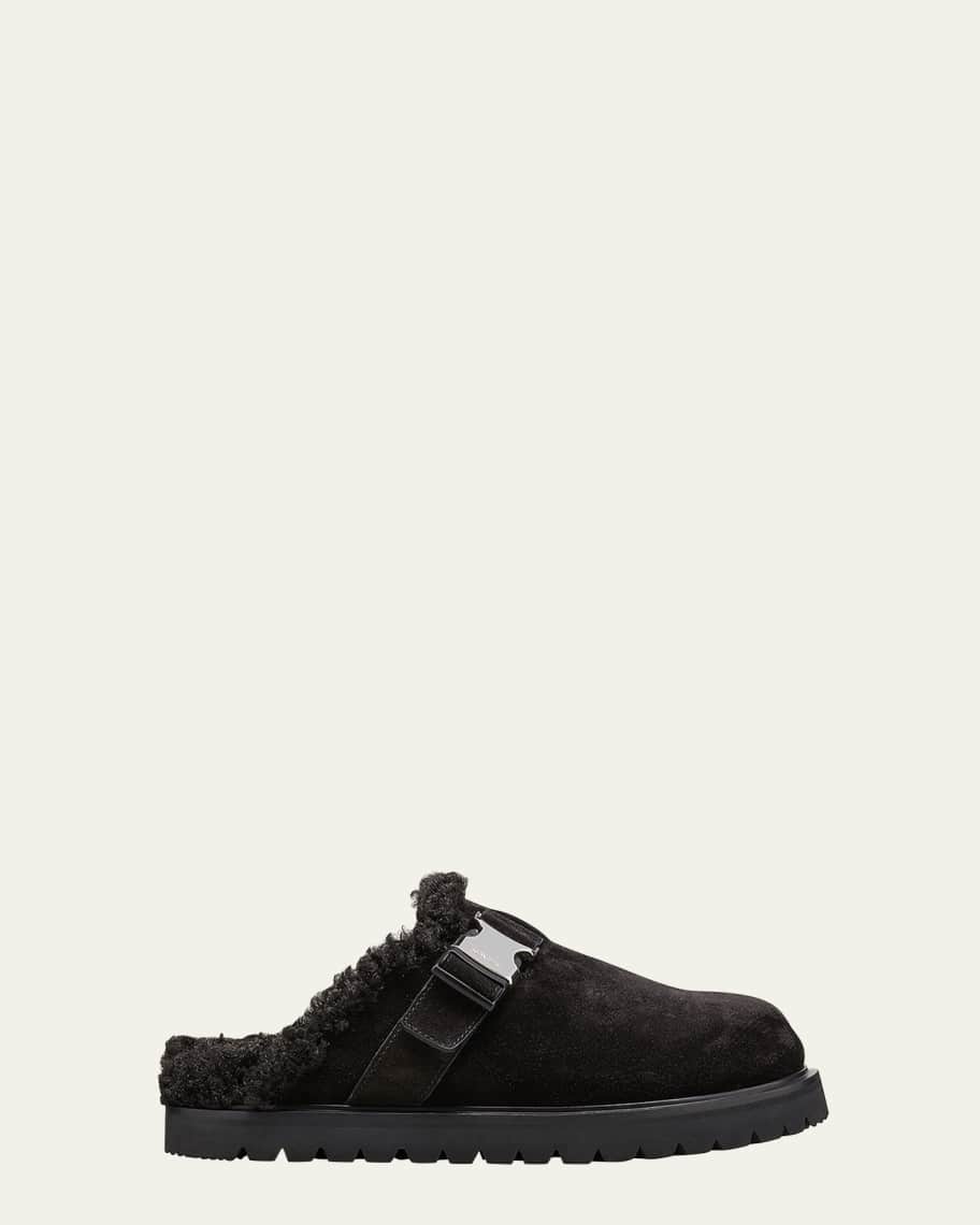 Moncler Mon Mule Suede Shearling-Lined Slide Mules | Neiman Marcus