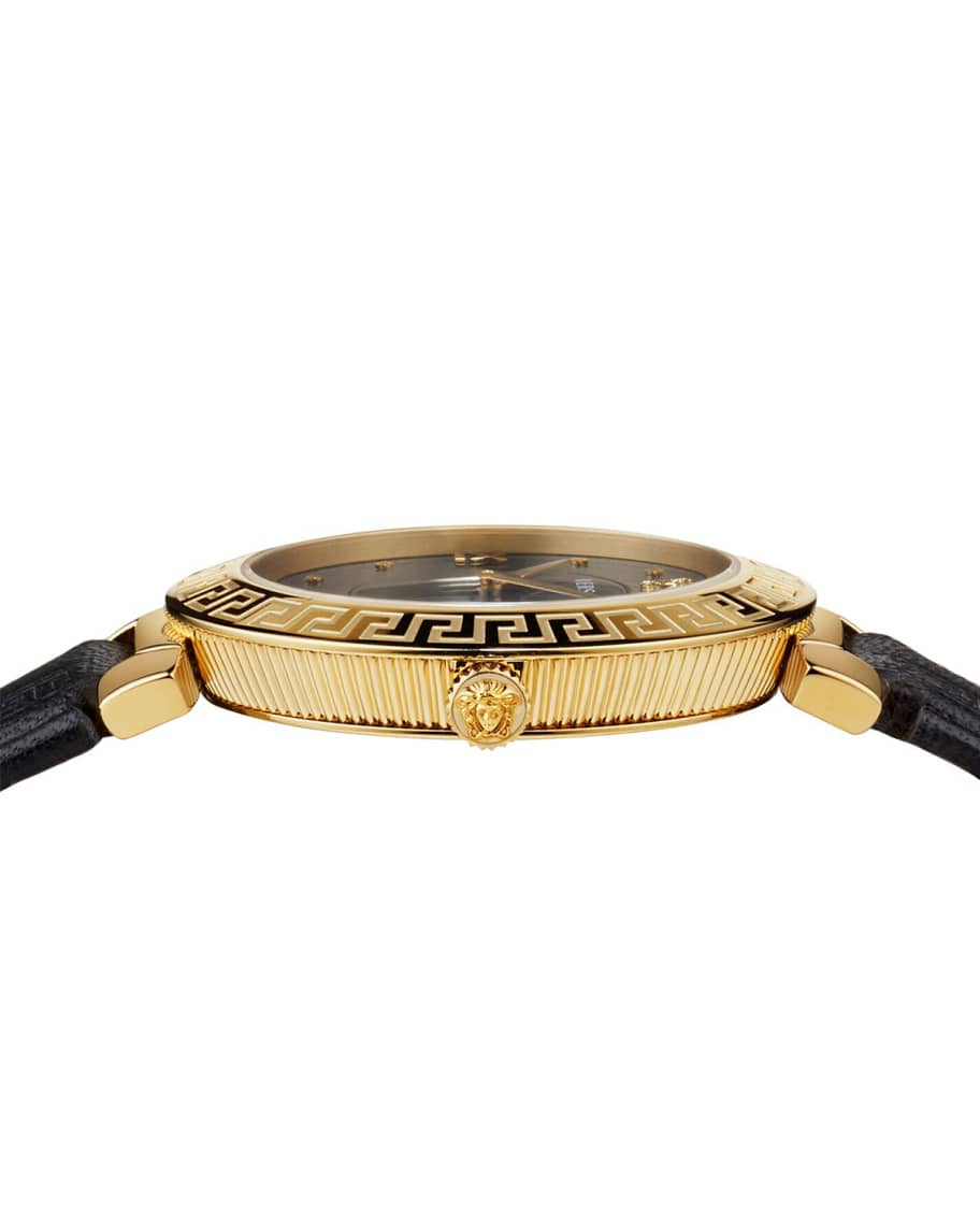 Versace 35mm Daphnis Leather Greca Watch, Black Neiman Marcus