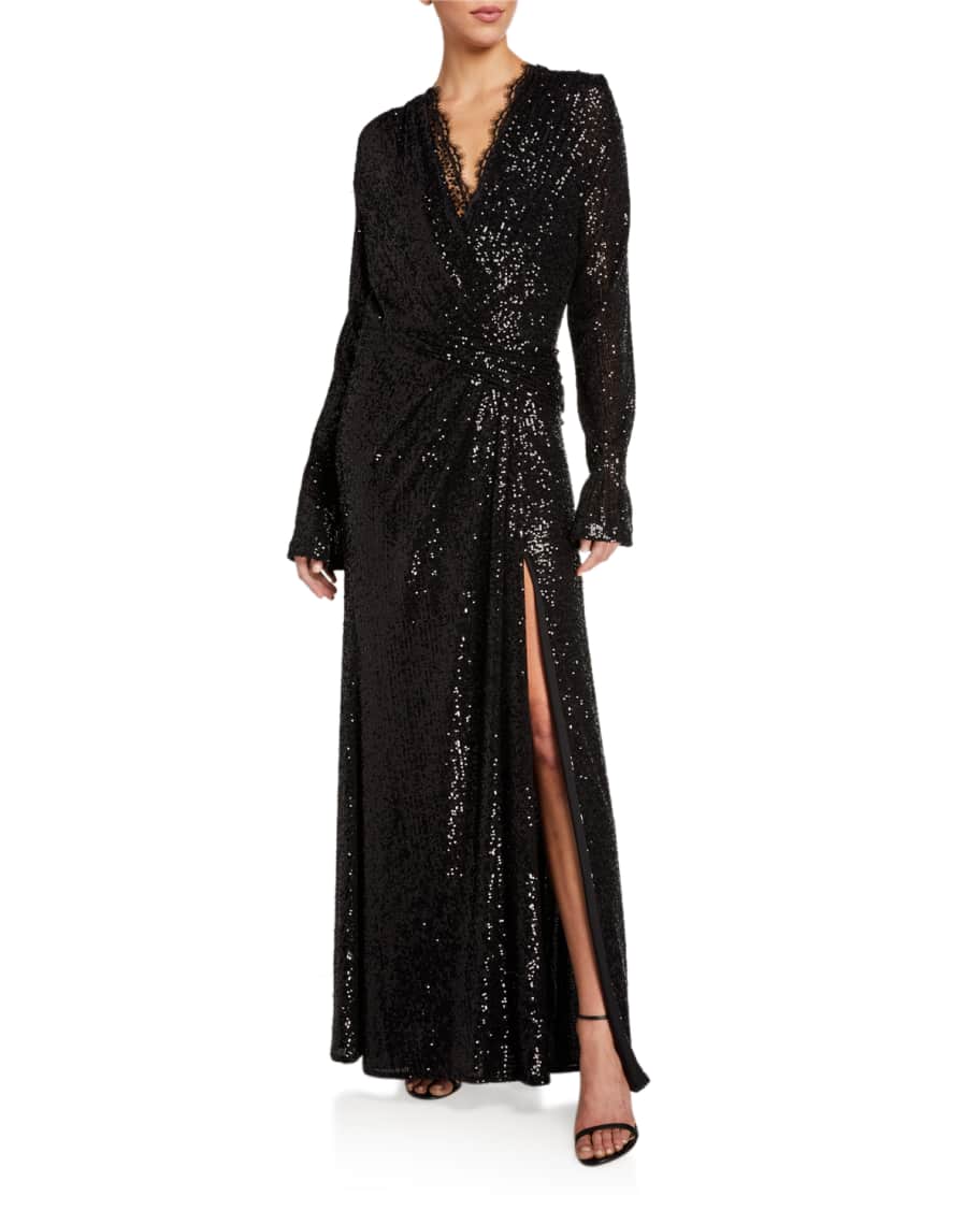 SIMKHAI Sequined Long-Sleeve Draped Gown with Lace | Neiman Marcus