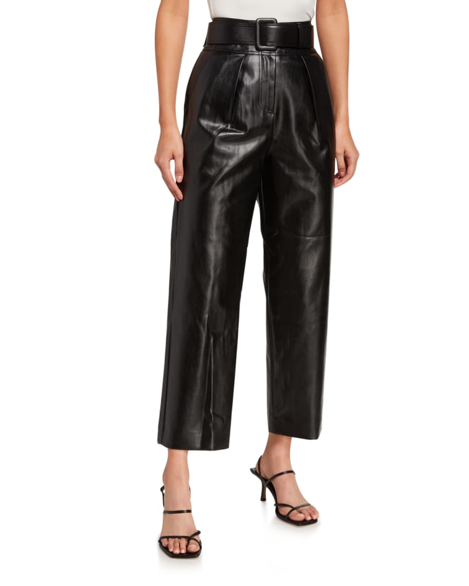Self-Portrait Faux-Leather Belted High-Rise Trousers | Neiman Marcus