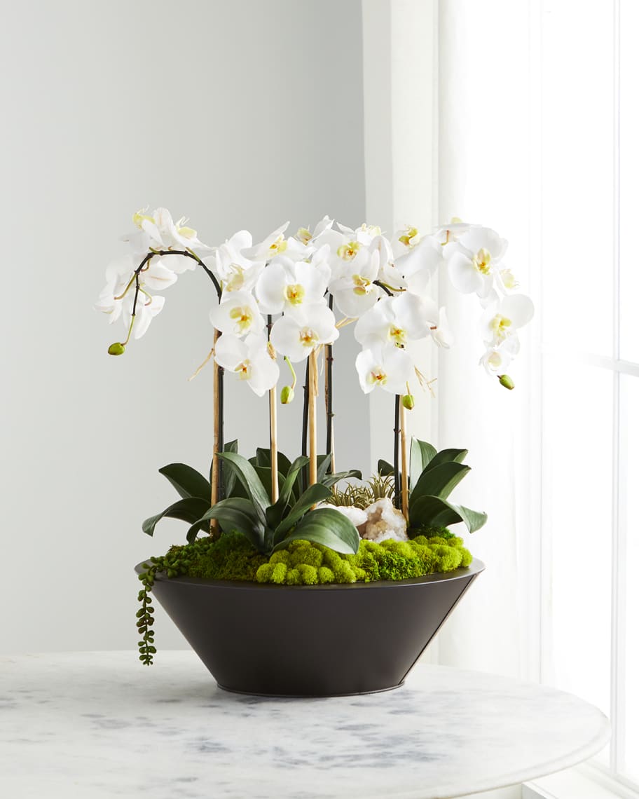 Orchids & Geode in Round Metal Container