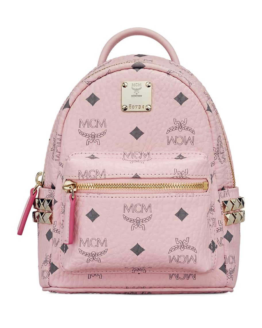 MCM Stark Bebe Boo Studded Mini Visetos Logo Leather Backpack Bag Pink