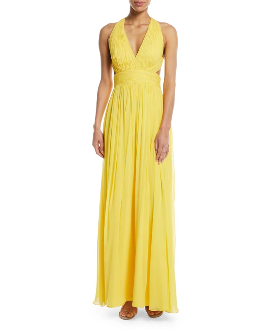 Aidan Mattox Shirred Silk Chiffon Cutout Gown | Neiman Marcus