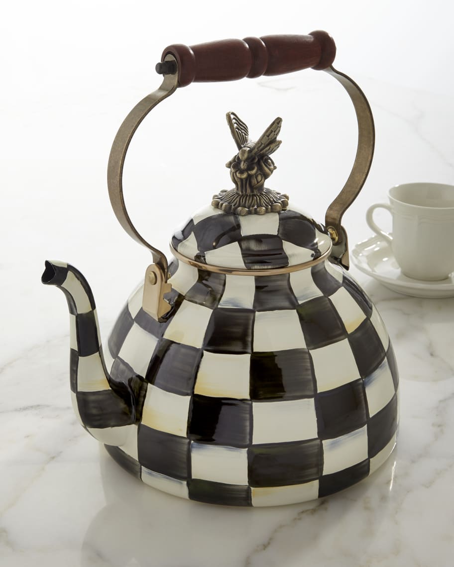 MacKenzie Childs Courtly Check 3 Quart Tea Kettle with Butterfly