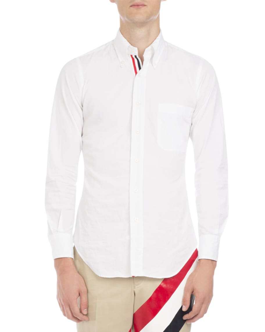 Thom Browne Classic Poplin Shirt with Striped-Placket | Neiman Marcus