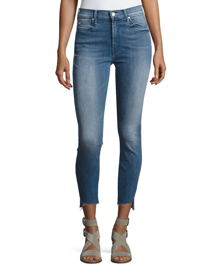 MOTHER Stunner Zip Ankle Step Fray Jeans, Blue | Neiman Marcus