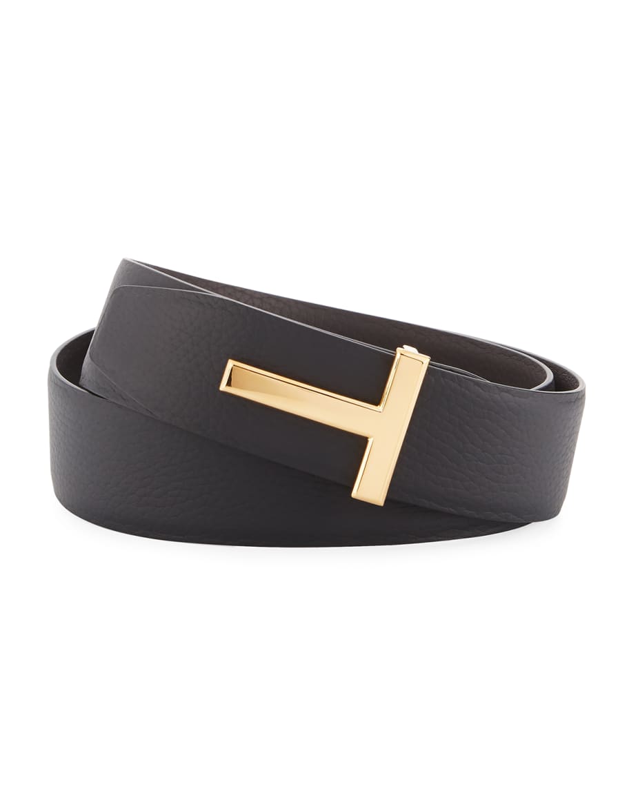 TOM FORD T-Buckle Reversible Leather Belt, Black | Neiman Marcus