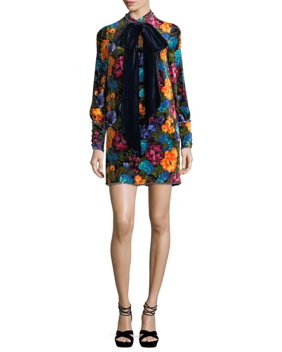 Gucci Pictorial Flowers Velvet Dress with Bow | Neiman Marcus