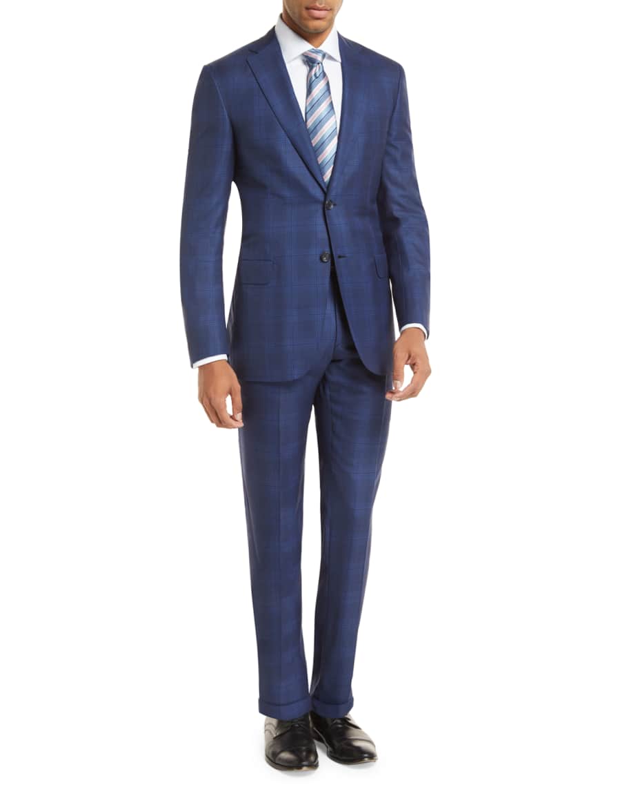 Brioni Plaid Two-Piece Wool-Blend Suit, Blue | Neiman Marcus