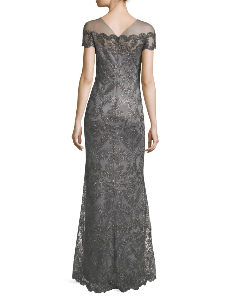 tadashi shoji off the shoulder illusion lace gown