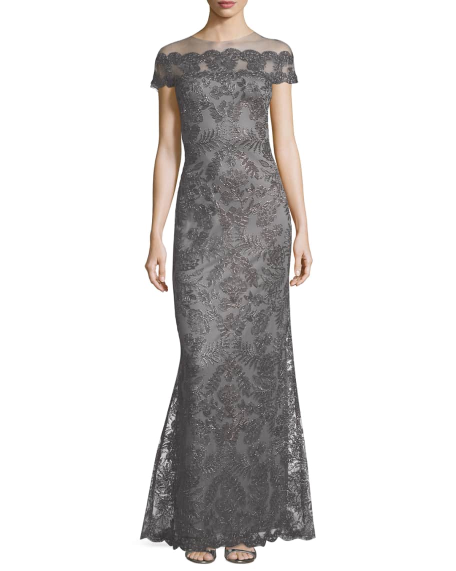 tadashi shoji off the shoulder illusion lace gown