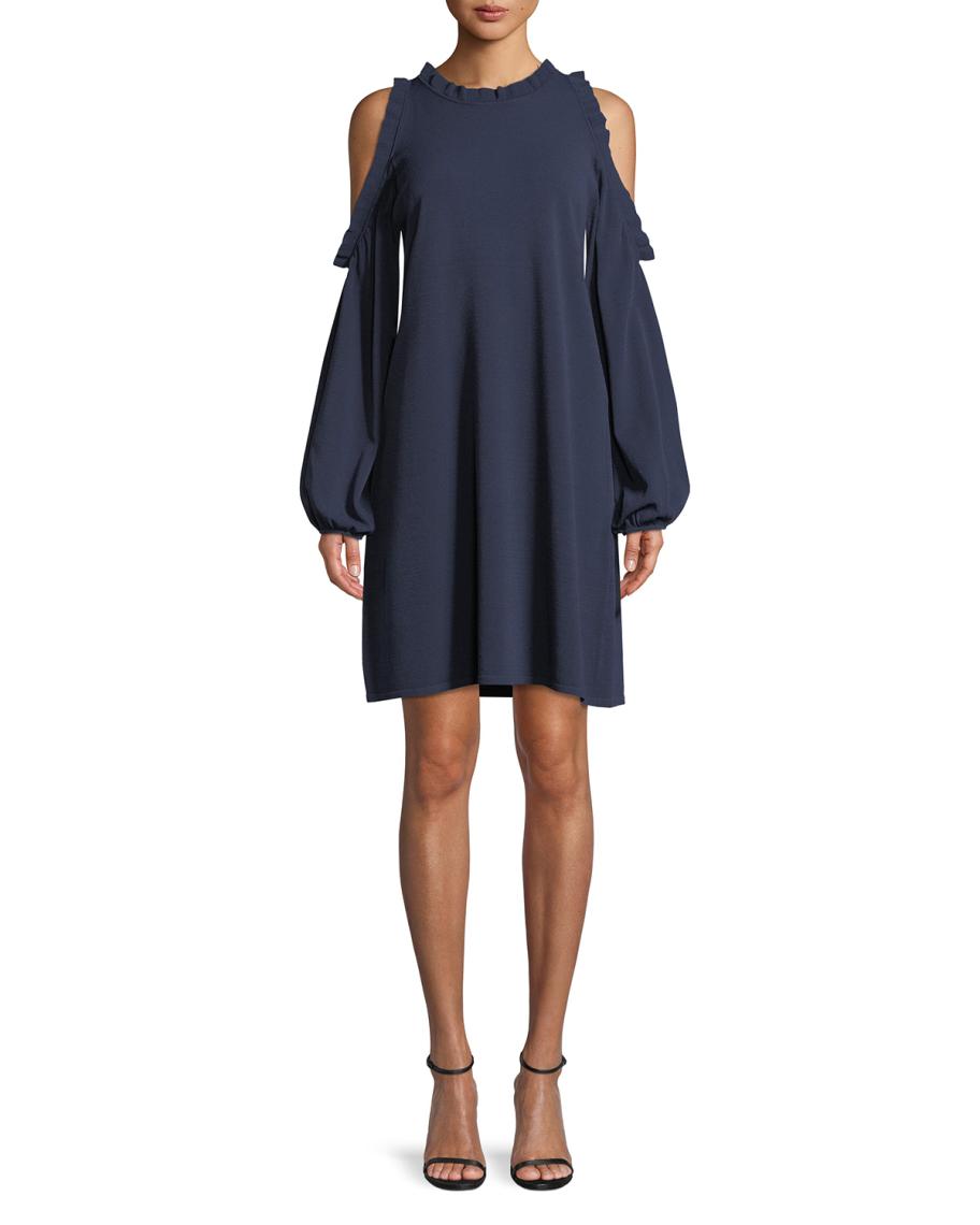 Milly Ruffled Dress with Cold Shoulders | Neiman Marcus