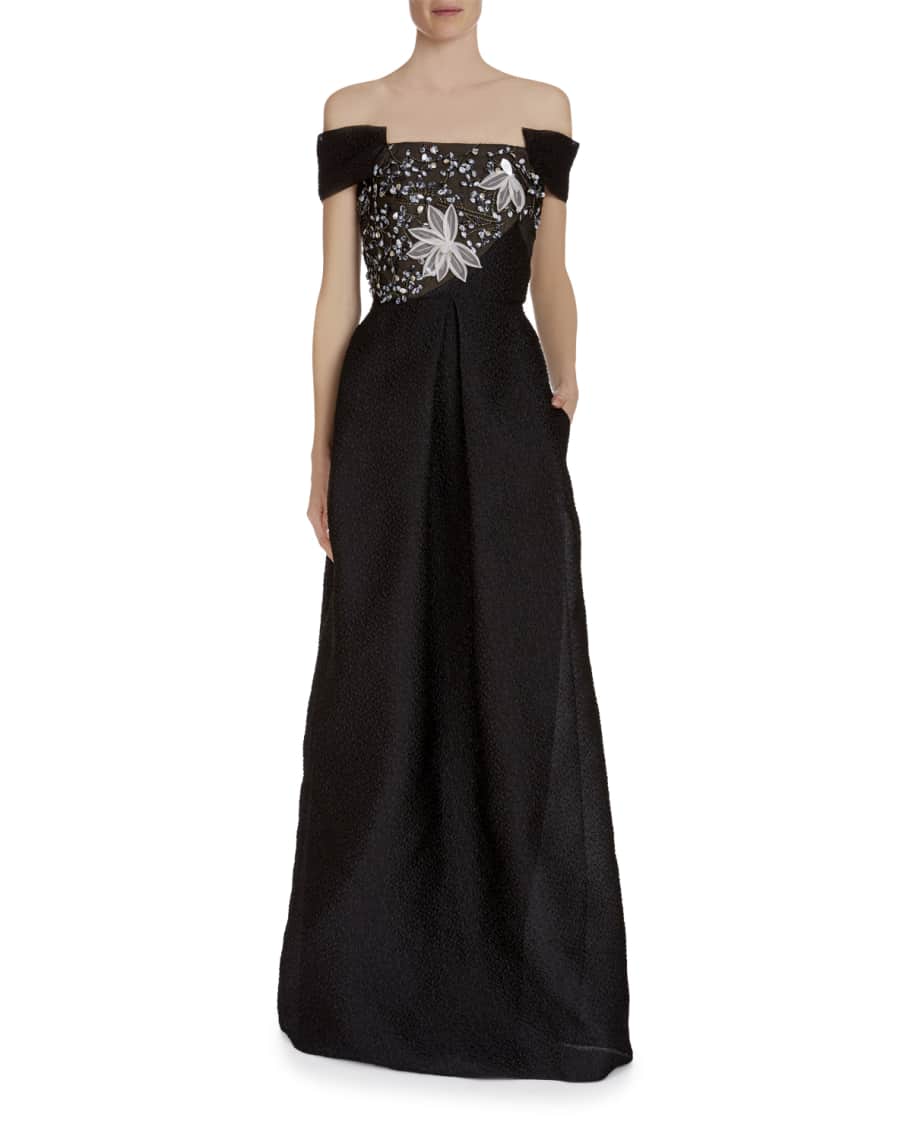 Roland Mouret Embsay Off-the-Shoulder Embroidered-Bodice Jacquard Gown ...