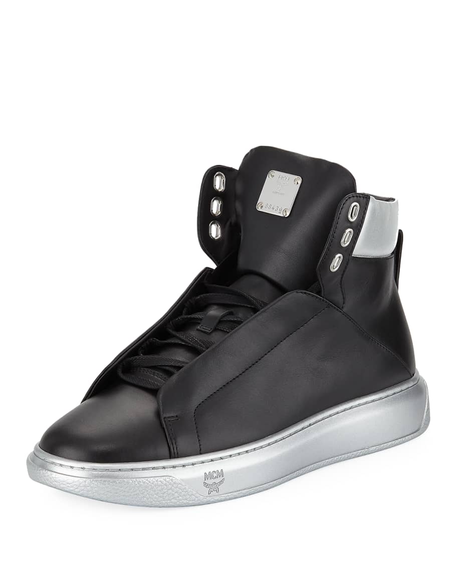 MCM Men's Visetos-Trim Leather High-Top Sneakers | Neiman Marcus