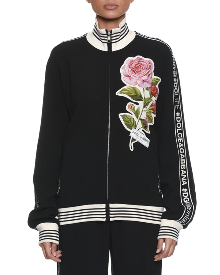 Dolce & Gabbana Stand-Collar Zip-Front Sweatshirt w/ DG Band & Rose ...