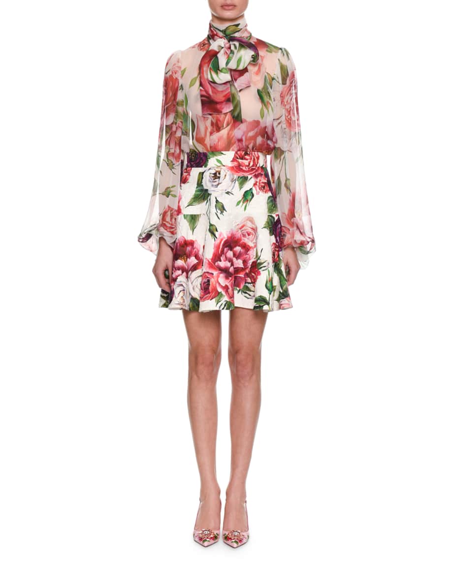 Dolce & Gabbana Tie-Neck Long-Sleeve Rose & Peony-Print Silk Chiffon ...