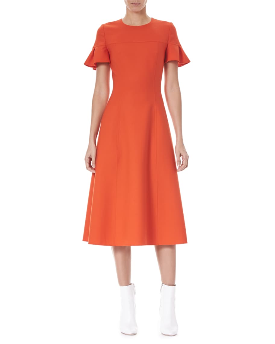 Carolina Herrera Ruffle-Sleeve Fit-and-Flare Wool-Blend Midi Dress ...