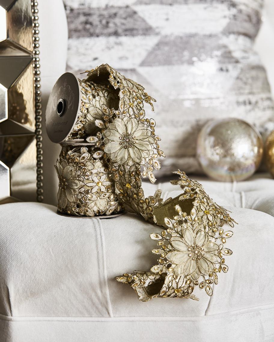 D. Stevens Jeweled Flower Wired Garland Holiday Ribbon | Neiman Marcus