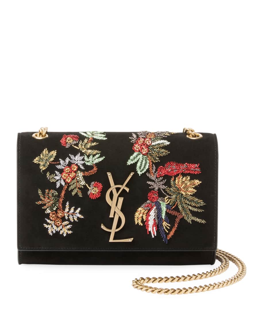 Saint Laurent Monogram YSL Floral Bird Embroidered Suede Flap
