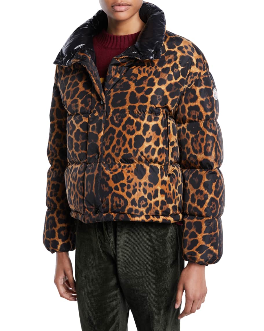 Moncler Caille Animal-Print Puffer Coat w/ Removable Hood | Neiman Marcus